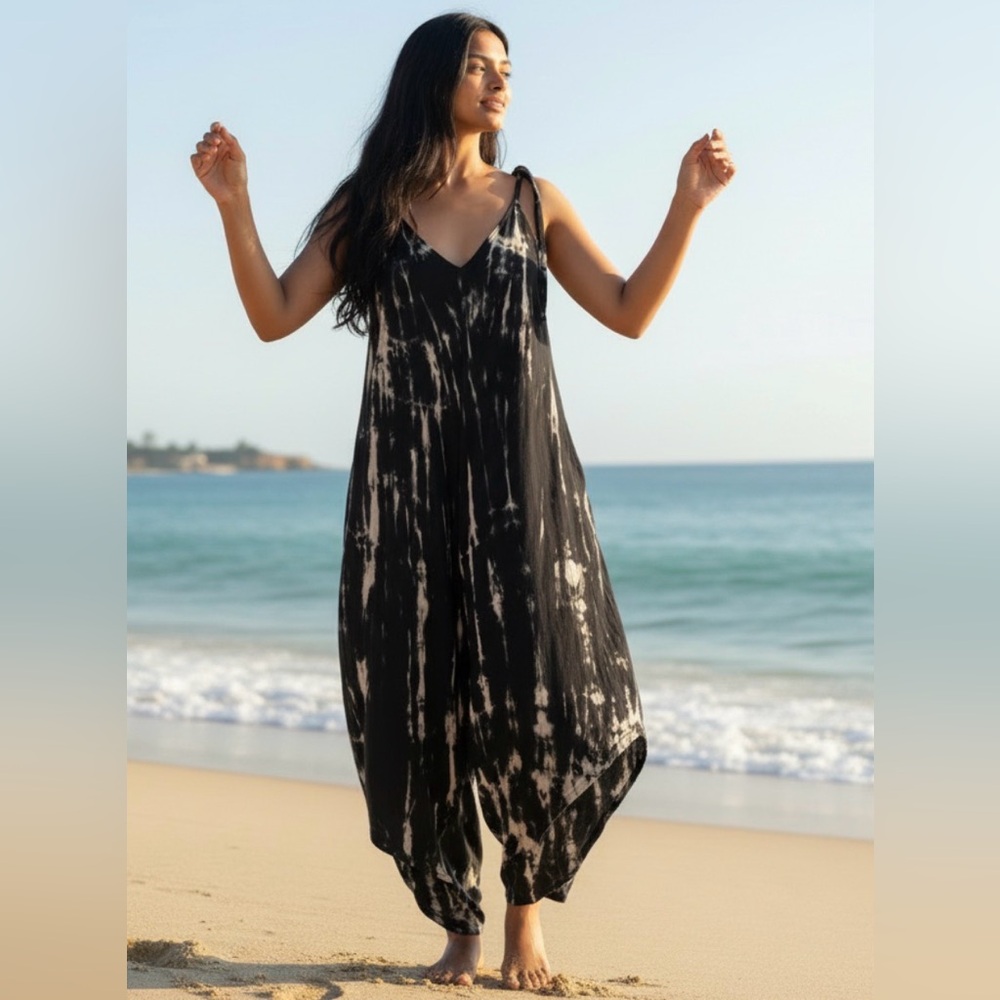 Boho Tye Dye Black and Cream Jumpsuit - Picture 3 of 7